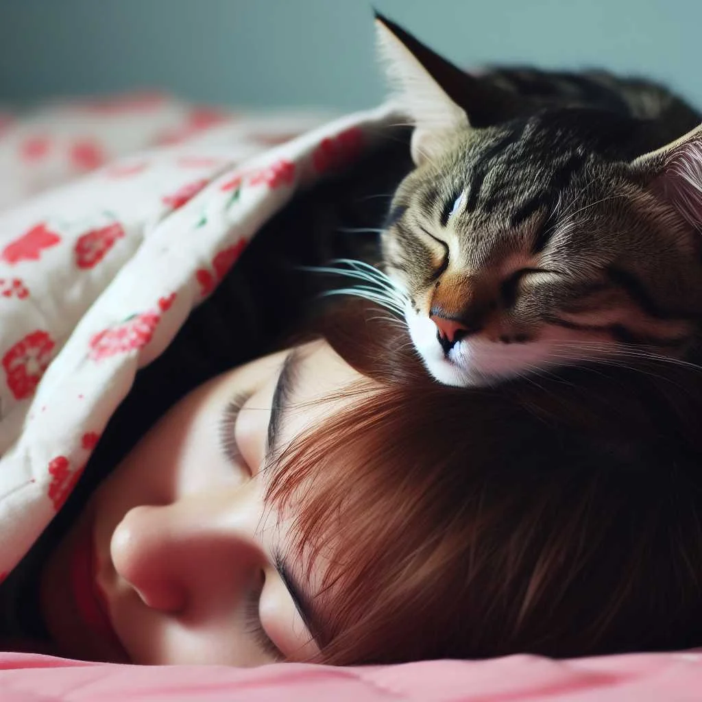 cat sleep on the girl head