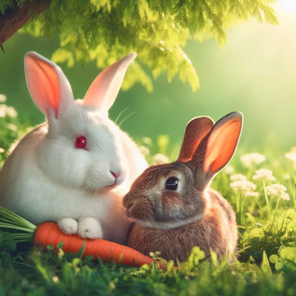 2 rabbits eating